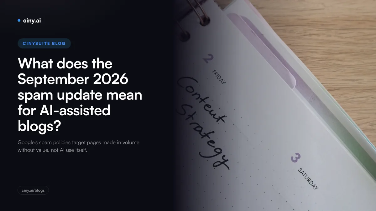 Cover for the article on the September 2026 spam update and AI-assisted blogs, with a planner page reading Content Strategy.