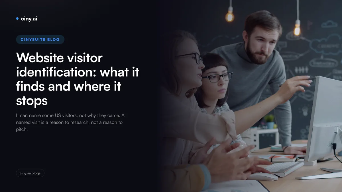 Four colleagues gather round a desktop monitor, one pointing at the screen, beside the title Website visitor identification: what it finds and where it stops.