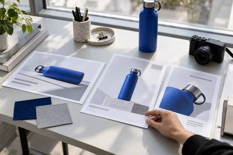 Printed campaign layouts for a blue bottle arranged on a desk beside a camera.