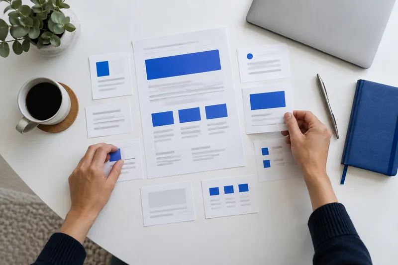 Overhead view of hands arranging printed page outlines into a page map on a white desk.