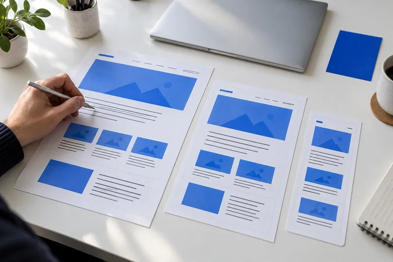 Hands sketching website page layouts with blue image blocks on printed sheets.